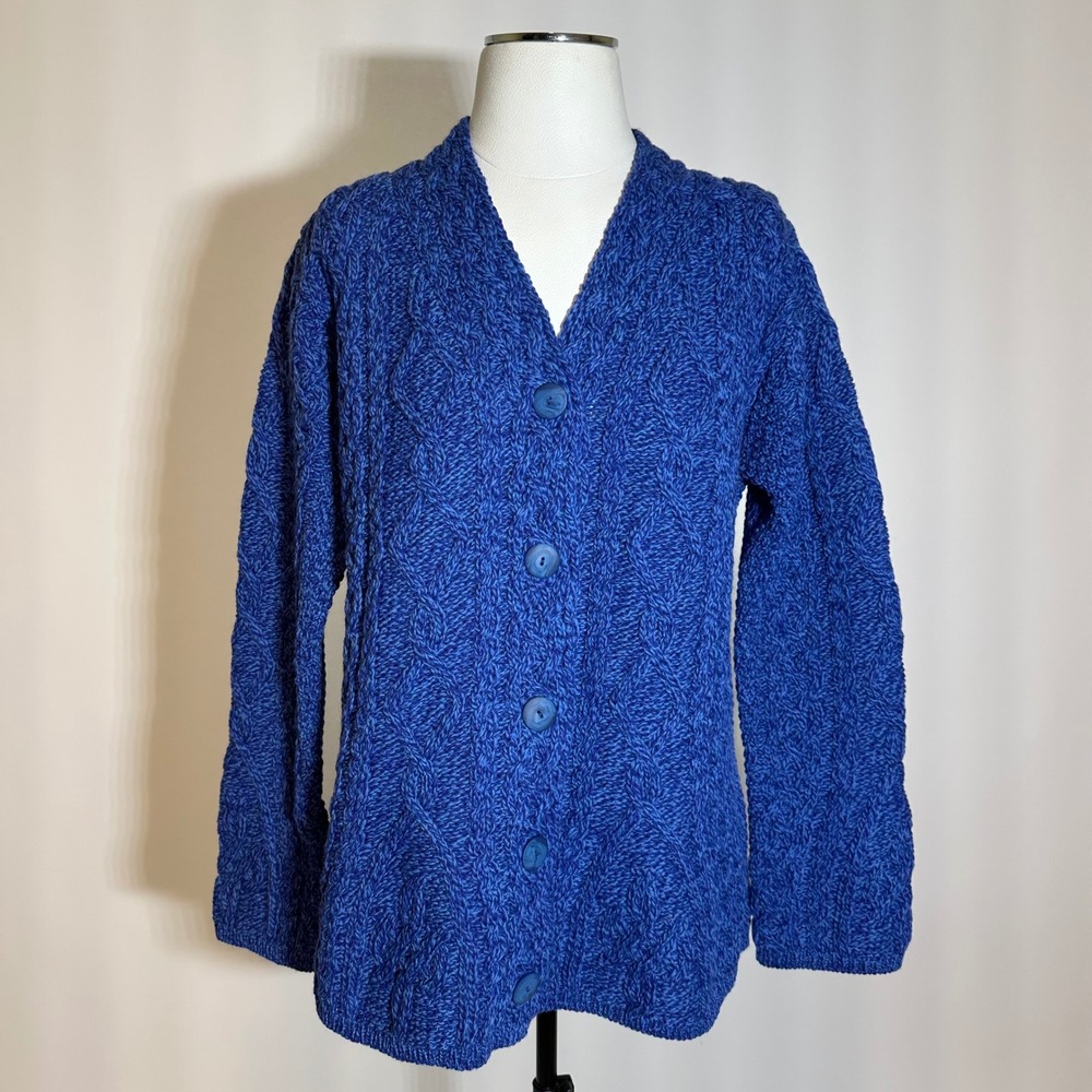 Aran Crafts Ireland Merino Wool Cable Knit Cardigan Sweater Womens Medium Blue